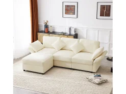 Sofá*ModernLuxe Sofá de canto em L - 3 lugares - com descanso para os pés - 4 almofadas - braços ajustáveis - Bege