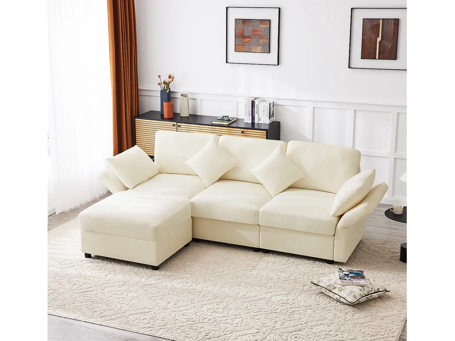 Sofá*ModernLuxe Sofá de canto em L - 3 lugares - com descanso para os pés - 4 almofadas - braços ajustáveis - Bege