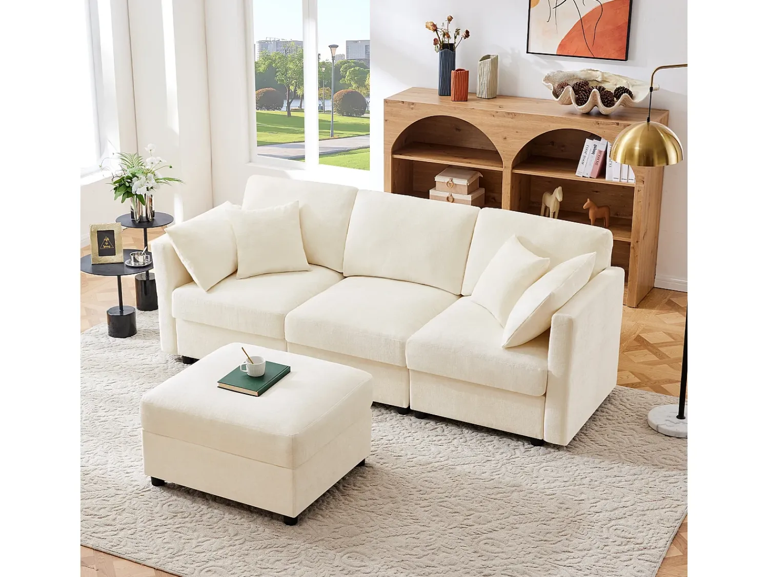 Sofá*ModernLuxe Sofá de canto em L - 3 lugares - com descanso para os pés - 4 almofadas - braços ajustáveis - Bege