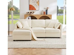Sofá*ModernLuxe Sofá de canto em L - 3 lugares - com descanso para os pés - 4 almofadas - braços ajustáveis - Bege
