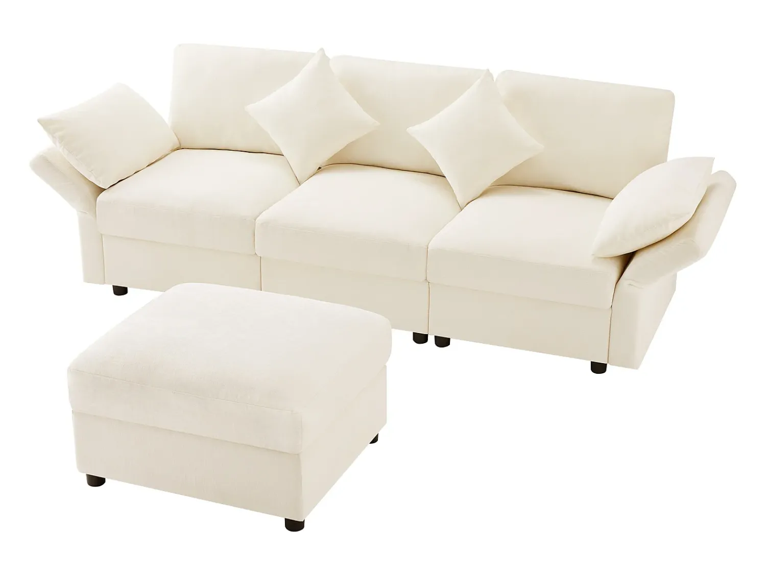 Sofá*ModernLuxe Sofá de canto em L - 3 lugares - com descanso para os pés - 4 almofadas - braços ajustáveis - Bege