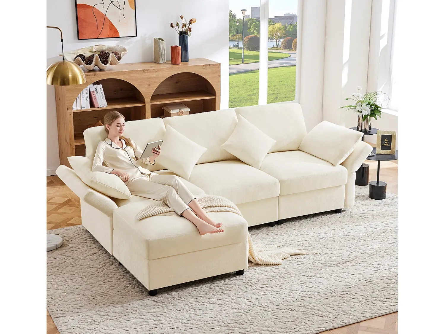 Sofá*ModernLuxe Sofá de canto em L - 3 lugares - com descanso para os pés - 4 almofadas - braços ajustáveis - Bege