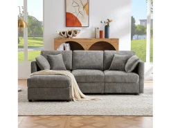 Sofá|ModernLuxe Sofá de canto em L - 3 lugares - com descanso para os pés - 4 almofadas - braços ajustáveis - Cinza Cinzento