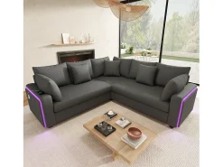 Sofá*ModernLuxe Sofá de canto em L - 4 lugares - con iluminação LED - porta de carregamento USB - veludo canelado - cinza Cinzento