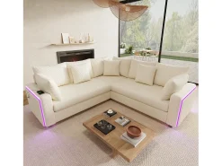 Sofá|ModernLuxe Sofá de canto em L - 4 lugares - con iluminação LED - porta de carregamento USB - veludo canelado - Bege