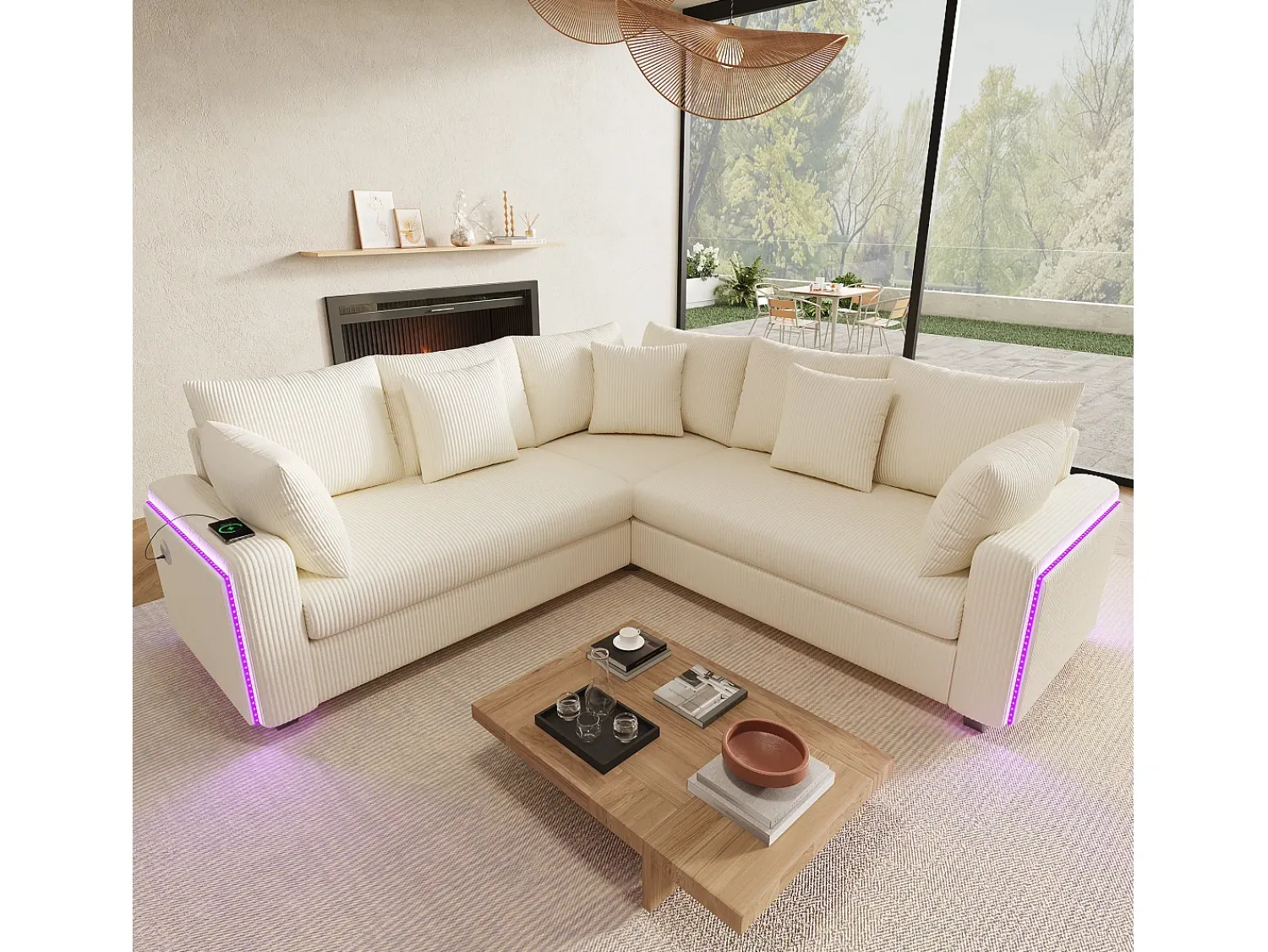 Sofá|ModernLuxe Sofá de canto em L - 4 lugares - con iluminação LED - porta de carregamento USB - veludo canelado - Bege