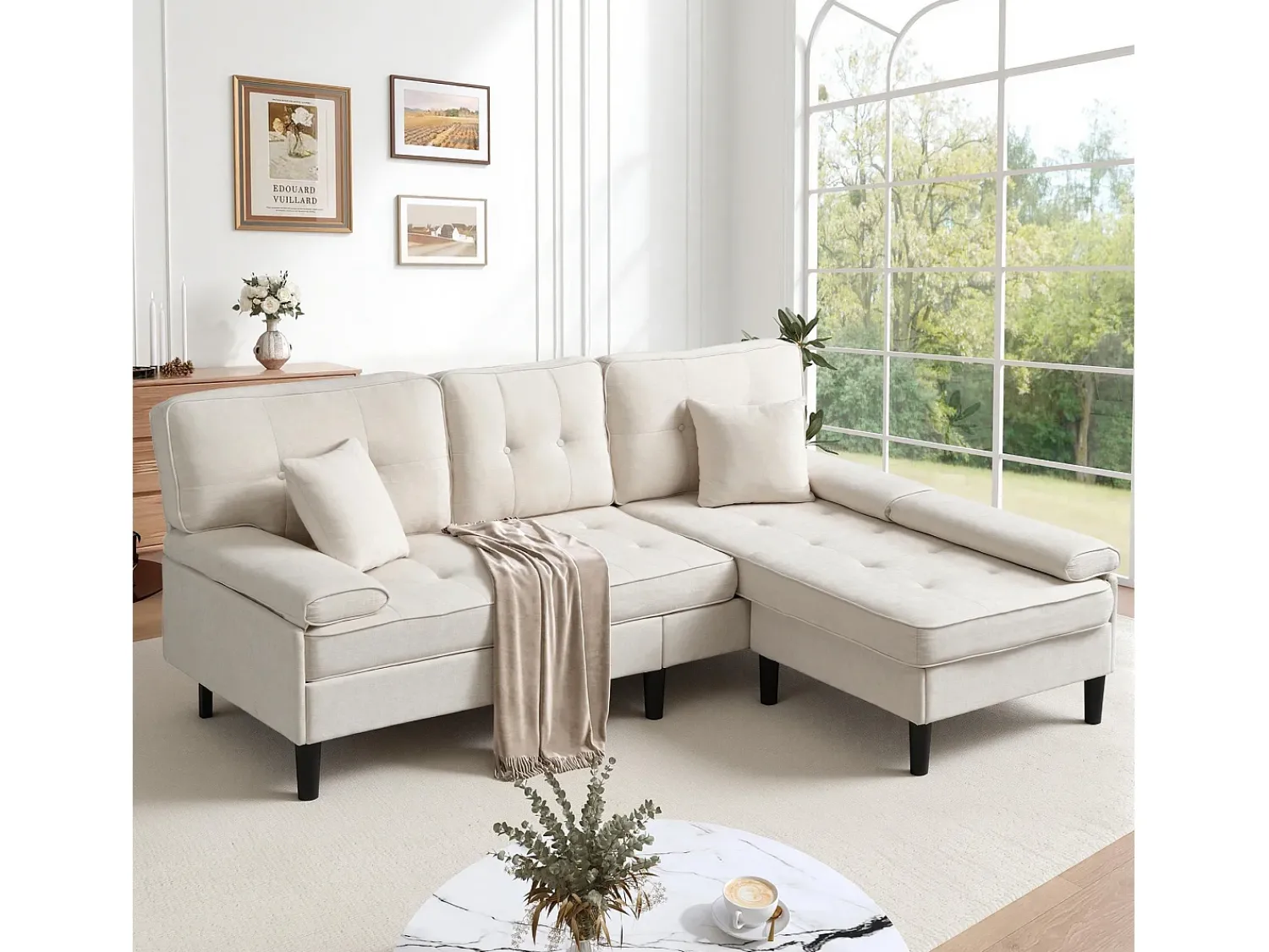 Sofá*ModernLuxe Sofá de canto em L 3 lugares - con 2 almofadas - Pouf removível - Tecido chenille - Bege
