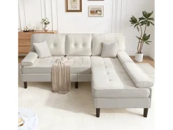 Sofá*ModernLuxe Sofá de canto em L 3 lugares - con 2 almofadas - Pouf removível - Tecido chenille - Bege
