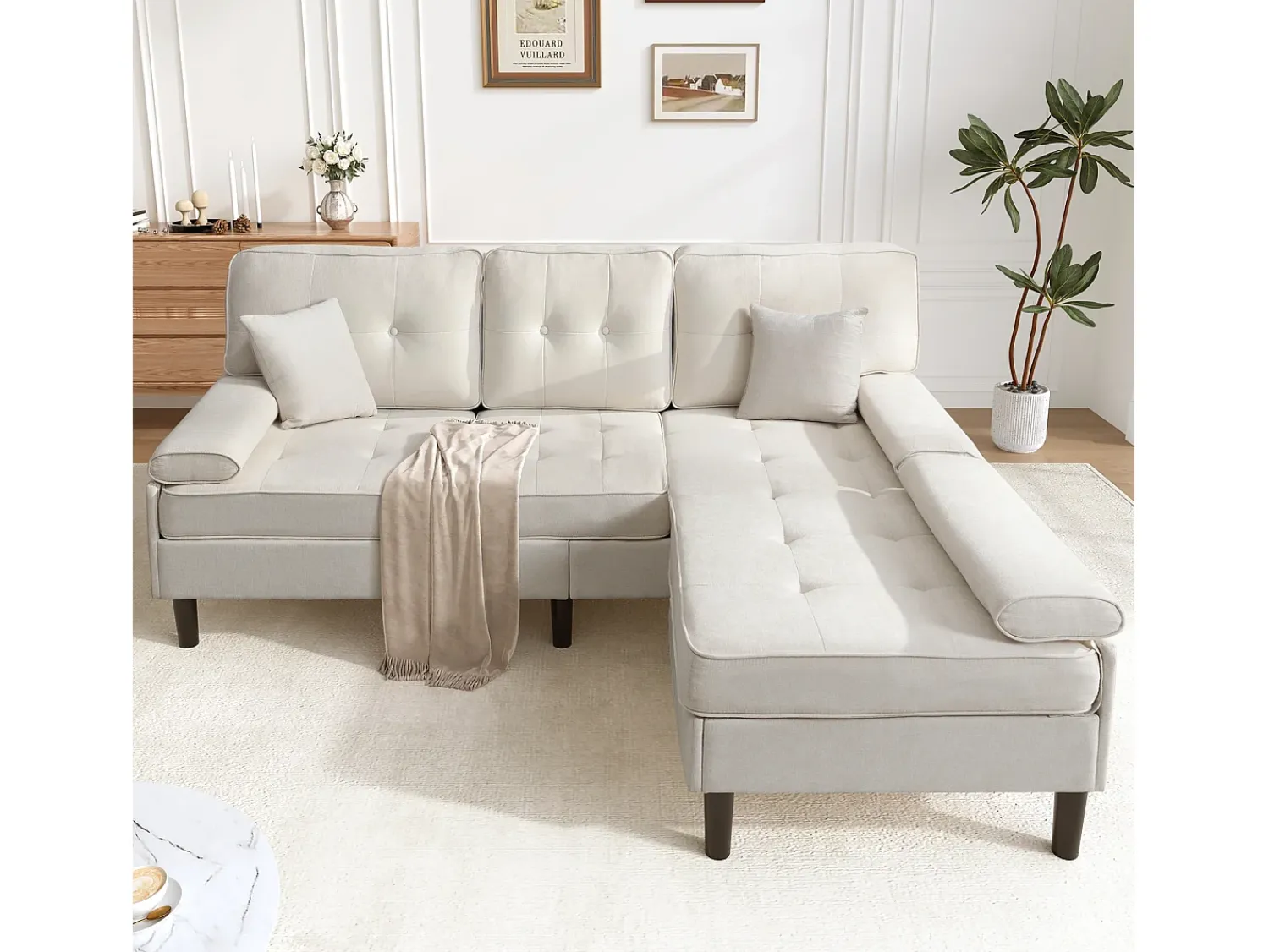 Sofá*ModernLuxe Sofá de canto em L 3 lugares - con 2 almofadas - Pouf removível - Tecido chenille - Bege