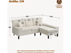 Sofá*ModernLuxe Sofá de canto em L 3 lugares - con 2 almofadas - Pouf removível - Tecido chenille - Bege