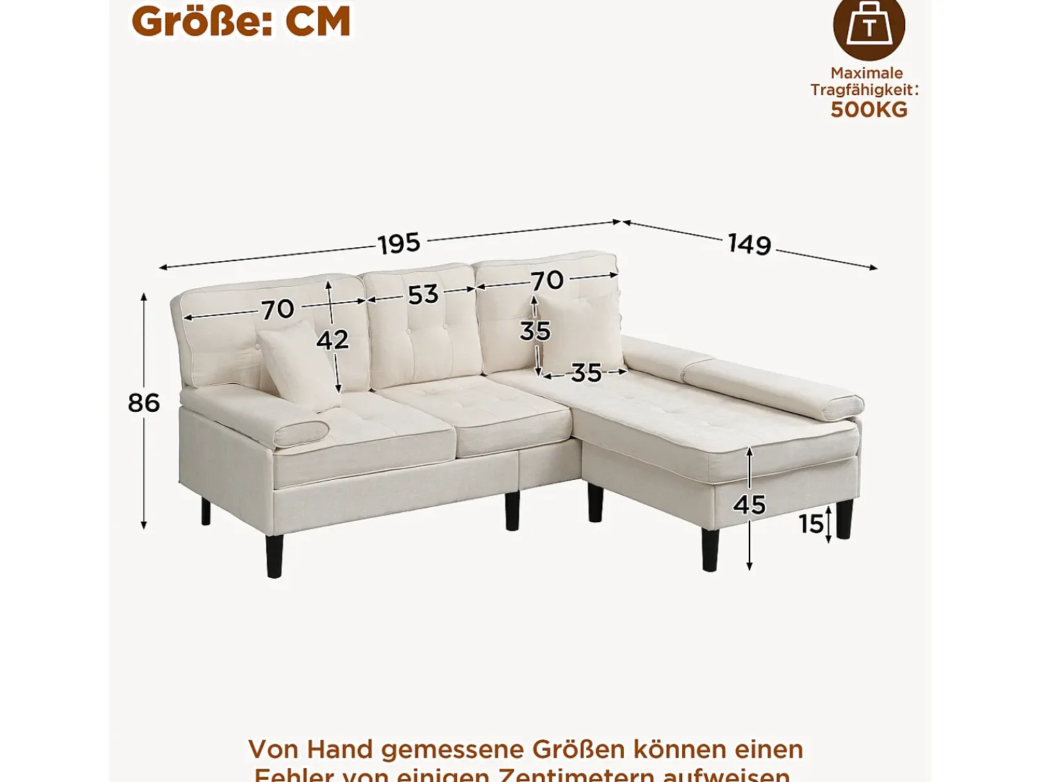 Sofá*ModernLuxe Sofá de canto em L 3 lugares - con 2 almofadas - Pouf removível - Tecido chenille - Bege