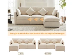 Sofá|Merax Sofá de canto em L de 4 lugares - 216 x 161 x 81 cm - com apoio para os pés - chenille - Bege
