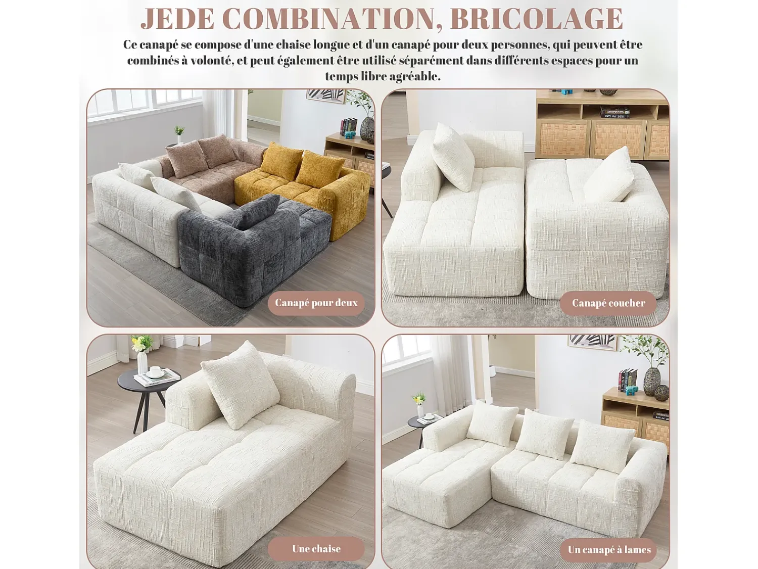 Sofá*Hauss Spole Sofá de canto em L de 3 lugares com 3 almofadas e bolso lateral - Chenille Bege