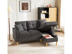 Outlet Hauss Spole Sofá de canto em L de 3 lugares com 2 almofadas, suporte para copos e arrumação, tecido de algodão e linho cinza escuro Cinzento