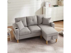 Discount Hauss Spole Sofá de canto em L de 3 lugares com 2 almofadas, suporte para copos e arrumação, tecido de algodão e linho cinza claro Cinzento claro