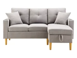 Discount Hauss Spole Sofá de canto em L de 3 lugares com 2 almofadas, suporte para copos e arrumação, tecido de algodão e linho cinza claro Cinzento claro