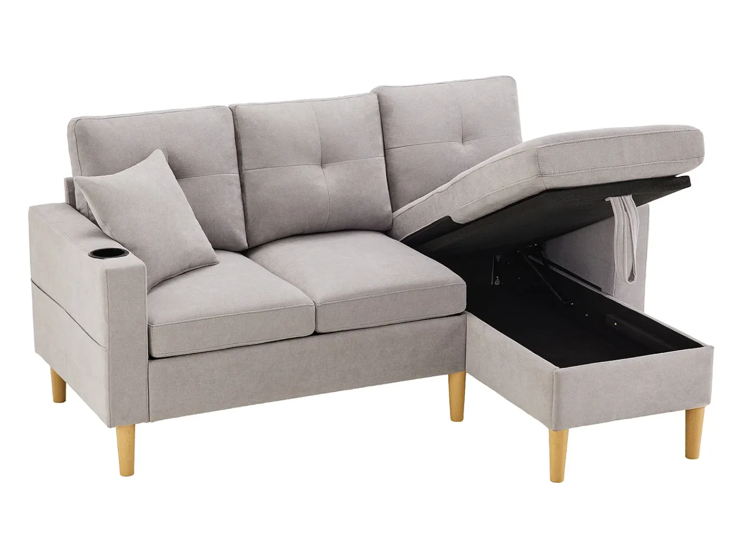 Discount Hauss Spole Sofá de canto em L de 3 lugares com 2 almofadas, suporte para copos e arrumação, tecido de algodão e linho cinza claro Cinzento claro