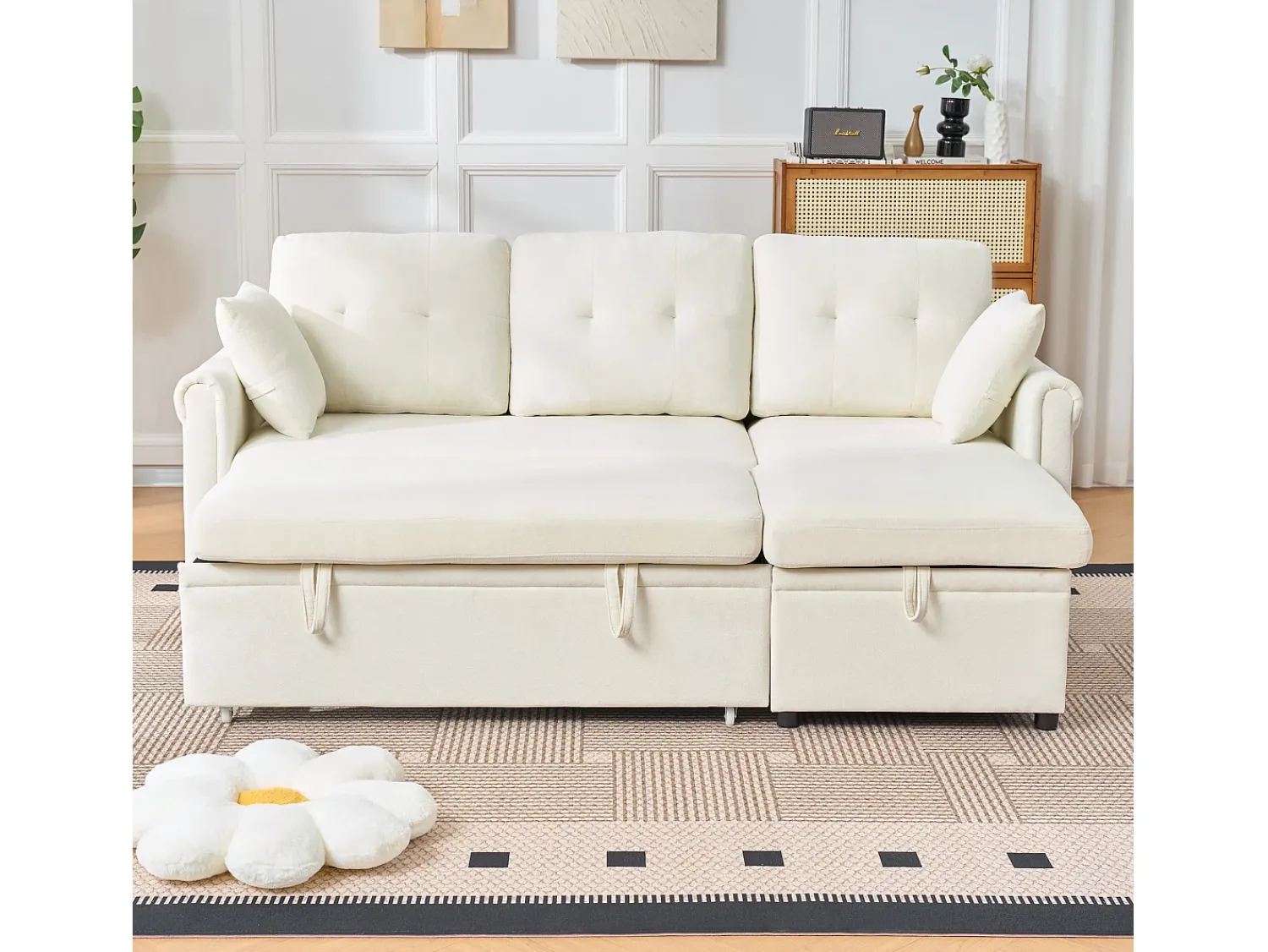 Sofá*Hauss Spole Sofá de canto em L de 3 lugares - Sofá-cama com arrumação e almofada - Tecido chenille Bege
