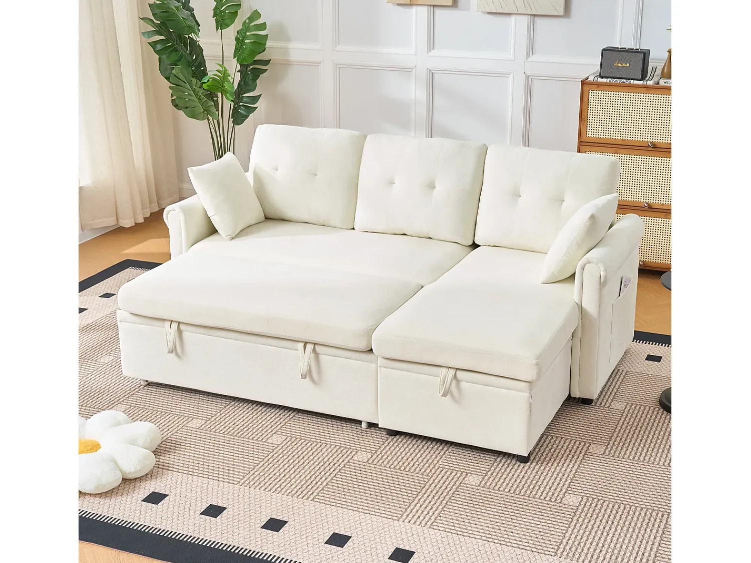 Sofá*Hauss Spole Sofá de canto em L de 3 lugares - Sofá-cama com arrumação e almofada - Tecido chenille Bege