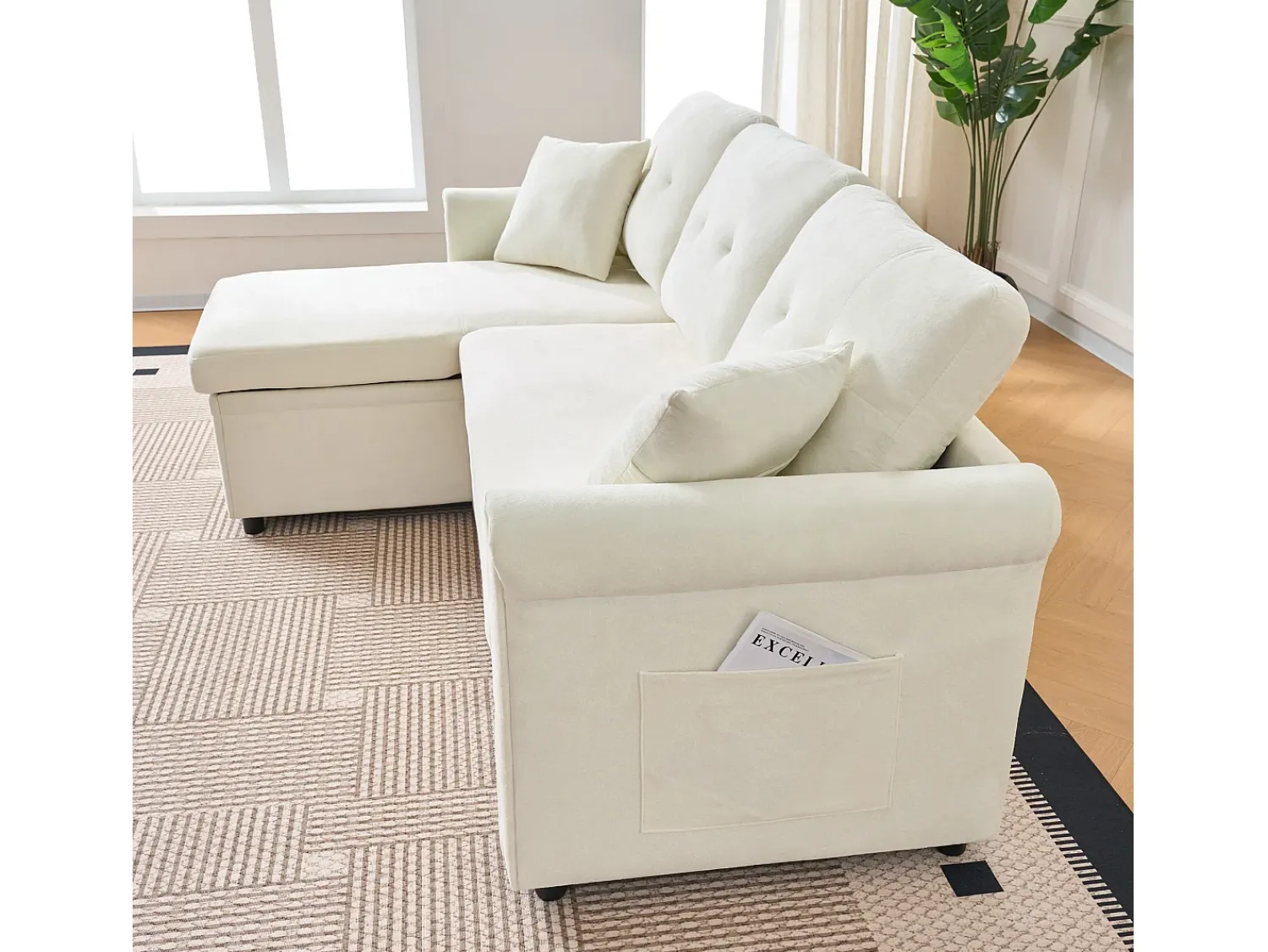 Sofá*Hauss Spole Sofá de canto em L de 3 lugares - Sofá-cama com arrumação e almofada - Tecido chenille Bege
