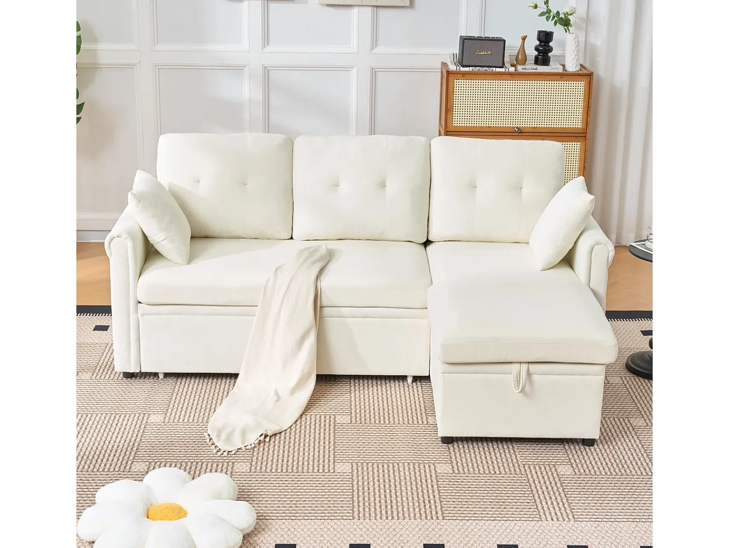 Sofá*Hauss Spole Sofá de canto em L de 3 lugares - Sofá-cama com arrumação e almofada - Tecido chenille Bege