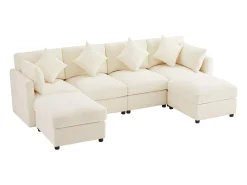Outlet ModernLuxe Sofá de canto em U ou L - 4 lugares - con 2 pufs - apoio de braços ajustáveis - con 4 almofadas + 2 apoios de cabeça - Bege
