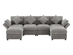 Sofá*ModernLuxe Sofá de canto em U ou L - 4 lugares - con 2 pufs - apoio de braços ajustáveis - con 4 almofadas + 2 apoios de cabeça - cinza Cinzento