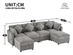 Sofá*ModernLuxe Sofá de canto em U ou L - 4 lugares - con 2 pufs - apoio de braços ajustáveis - con 4 almofadas + 2 apoios de cabeça - cinza Cinzento