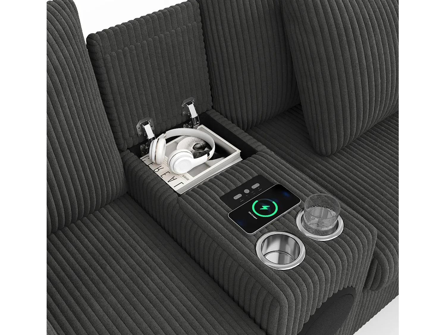 Discount ModernLuxe Sofá de canto em U ou L - con alto-falante Bluetooth - con espacio de armazenamento - carregador sem fio + porta USB - con porta-copos - con almofadas - cinza Cinzento