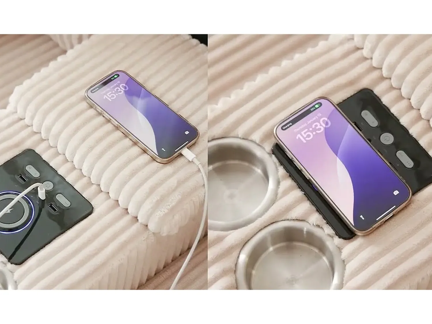 Sofá|ModernLuxe Sofá de canto em U ou L - con alto-falante Bluetooth - con espacio de armazenamento - carregador sem fio + porta USB - con porta-copos - con almofadas - Bege