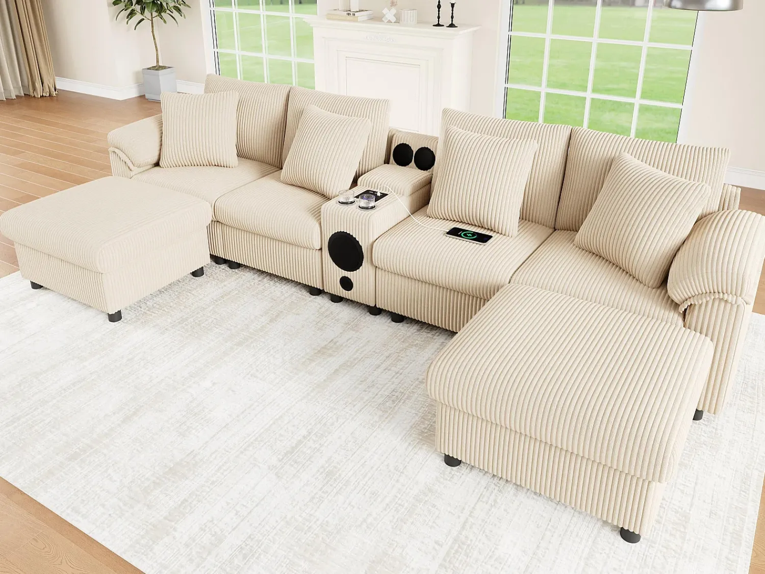 Sofá|ModernLuxe Sofá de canto em U ou L - con alto-falante Bluetooth - con espacio de armazenamento - carregador sem fio + porta USB - con porta-copos - con almofadas - Bege