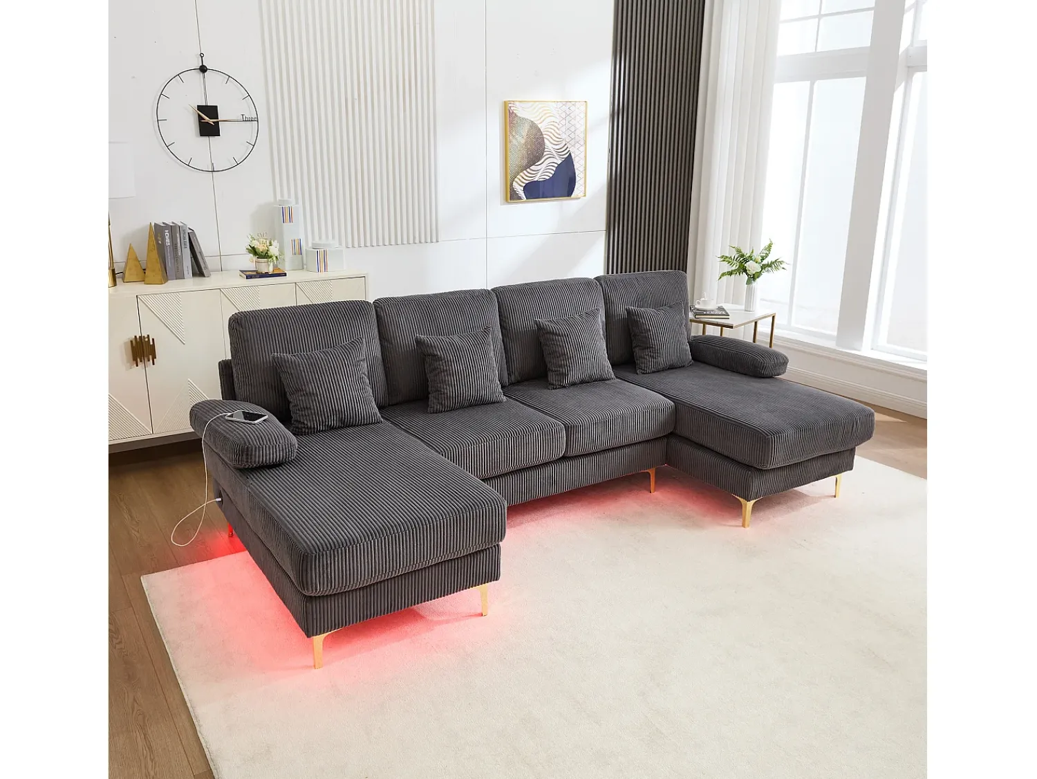 Sofá| Sofá de canto em veludo - Sofá de canto com iluminação LED e 4 almofadas - Porta USB e apoios de braços - Cinzento
