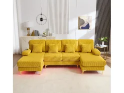 Sofá* Sofá de canto em veludo - Sofá de canto com iluminação LED e 4 almofadas - Porta USB e apoios de braços - Amarelo