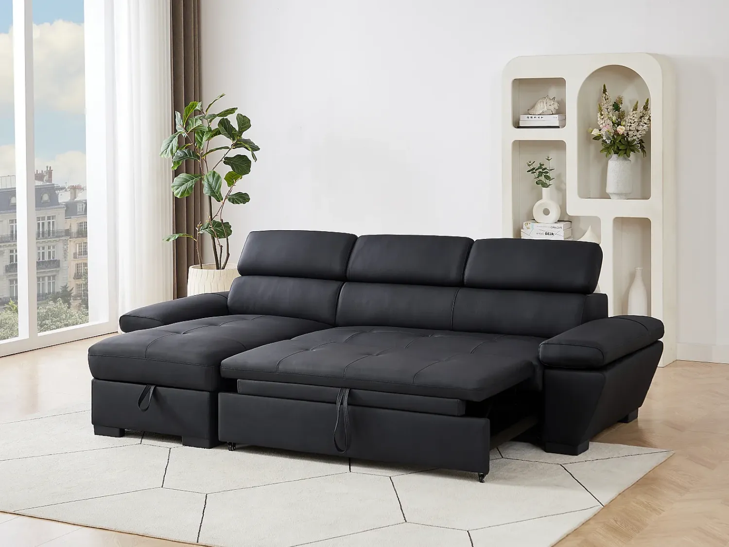 Sofá|LINEA SOFA Sofá de canto esquerdo convertível em couro JONOVA Preto