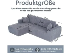 Best DripeX Sofá de canto esquerdo modular veludo canelado, 2 almofadas e chaise longue 128cm, Cinzento