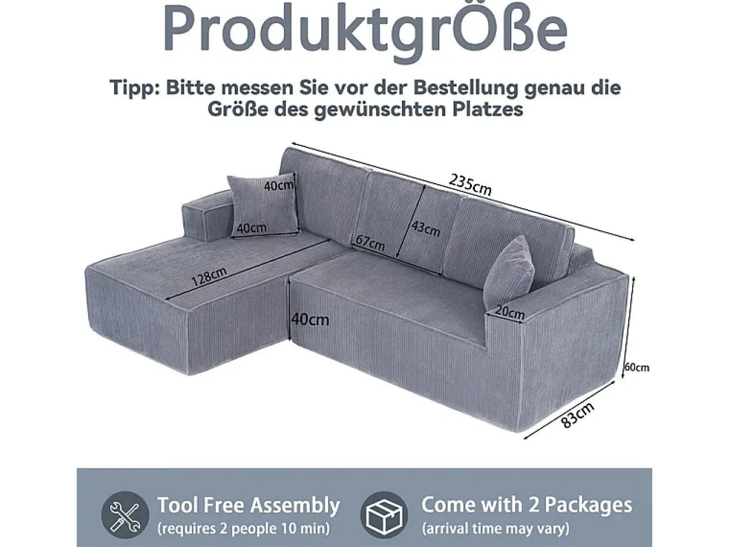 Best DripeX Sofá de canto esquerdo modular veludo canelado, 2 almofadas e chaise longue 128cm, Cinzento