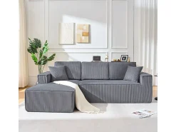 Best DripeX Sofá de canto esquerdo modular veludo canelado, 2 almofadas e chaise longue 128cm, Cinzento