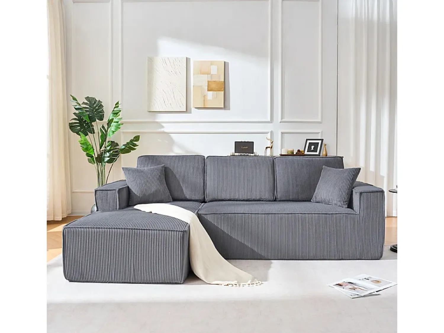 Best DripeX Sofá de canto esquerdo modular veludo canelado, 2 almofadas e chaise longue 128cm, Cinzento