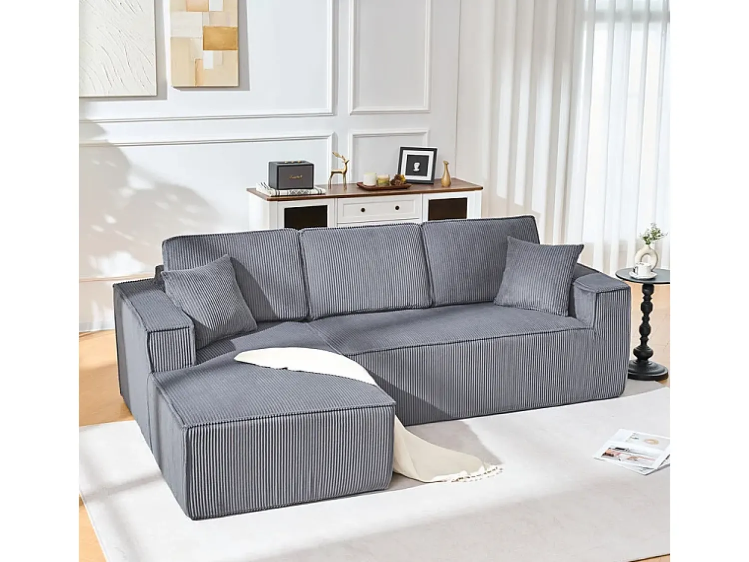 Best DripeX Sofá de canto esquerdo modular veludo canelado, 2 almofadas e chaise longue 128cm, Cinzento