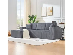 Best DripeX Sofá de canto esquerdo modular veludo canelado, 2 almofadas e chaise longue 128cm, Cinzento