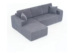 Best DripeX Sofá de canto esquerdo modular veludo canelado, 2 almofadas e chaise longue 128cm, Cinzento