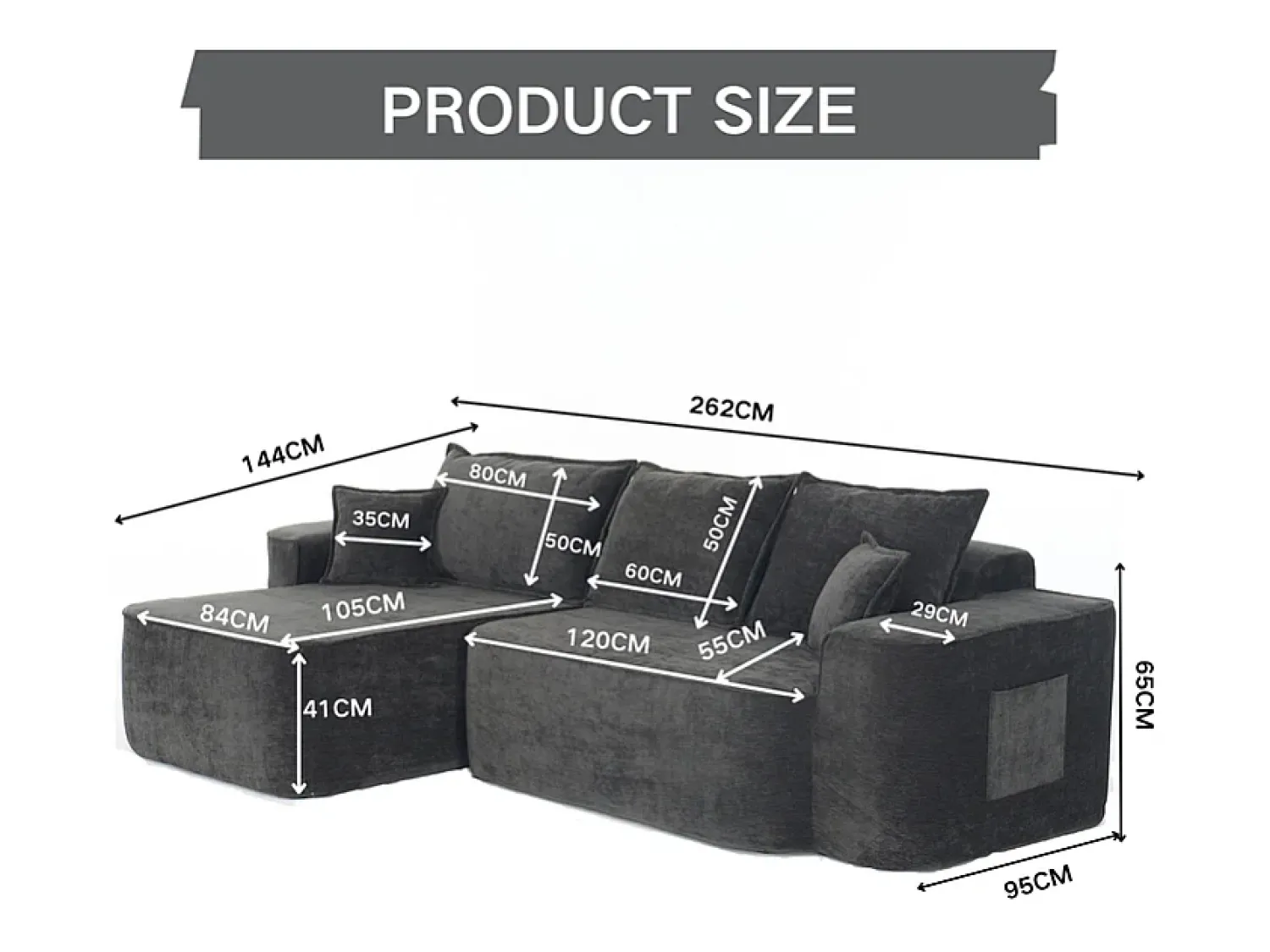 Online DripeX Sofá de canto esquerdo modular - Chenille - 3 almofadas e 2 travesseiros - 262x144x65cm Preto