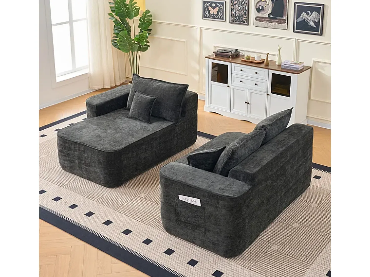 Online DripeX Sofá de canto esquerdo modular - Chenille - 3 almofadas e 2 travesseiros - 262x144x65cm Preto