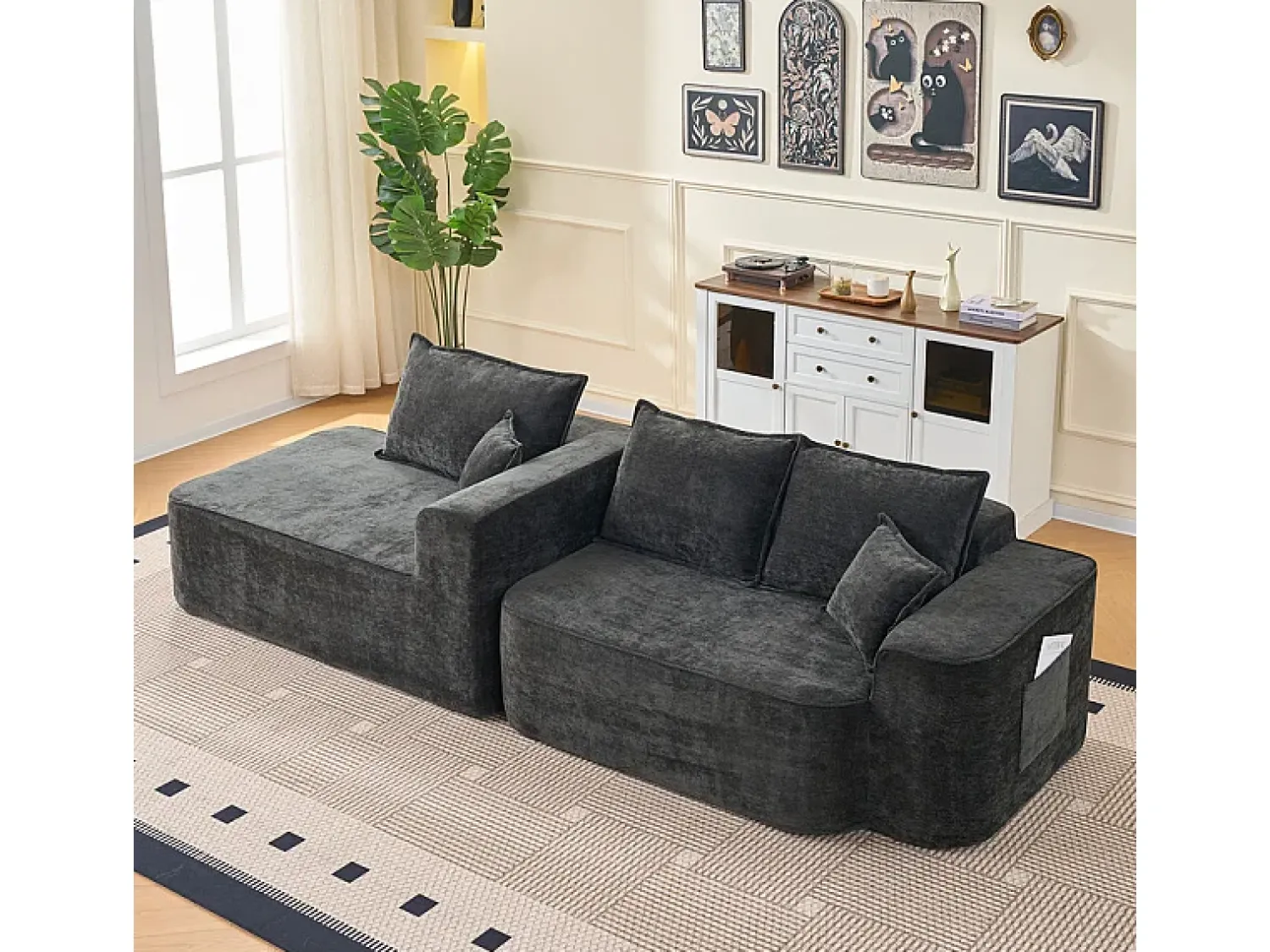 Online DripeX Sofá de canto esquerdo modular - Chenille - 3 almofadas e 2 travesseiros - 262x144x65cm Preto