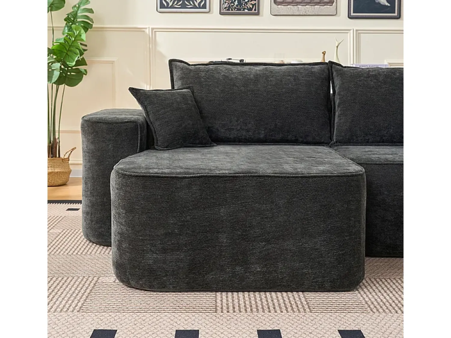 Online DripeX Sofá de canto esquerdo modular - Chenille - 3 almofadas e 2 travesseiros - 262x144x65cm Preto