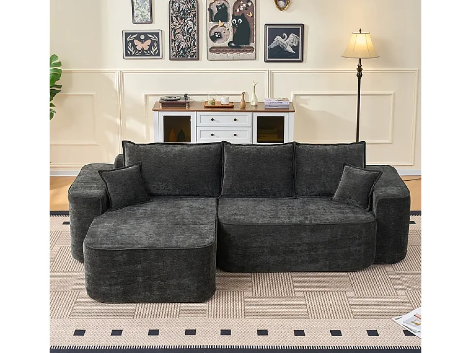 Online DripeX Sofá de canto esquerdo modular - Chenille - 3 almofadas e 2 travesseiros - 262x144x65cm Preto