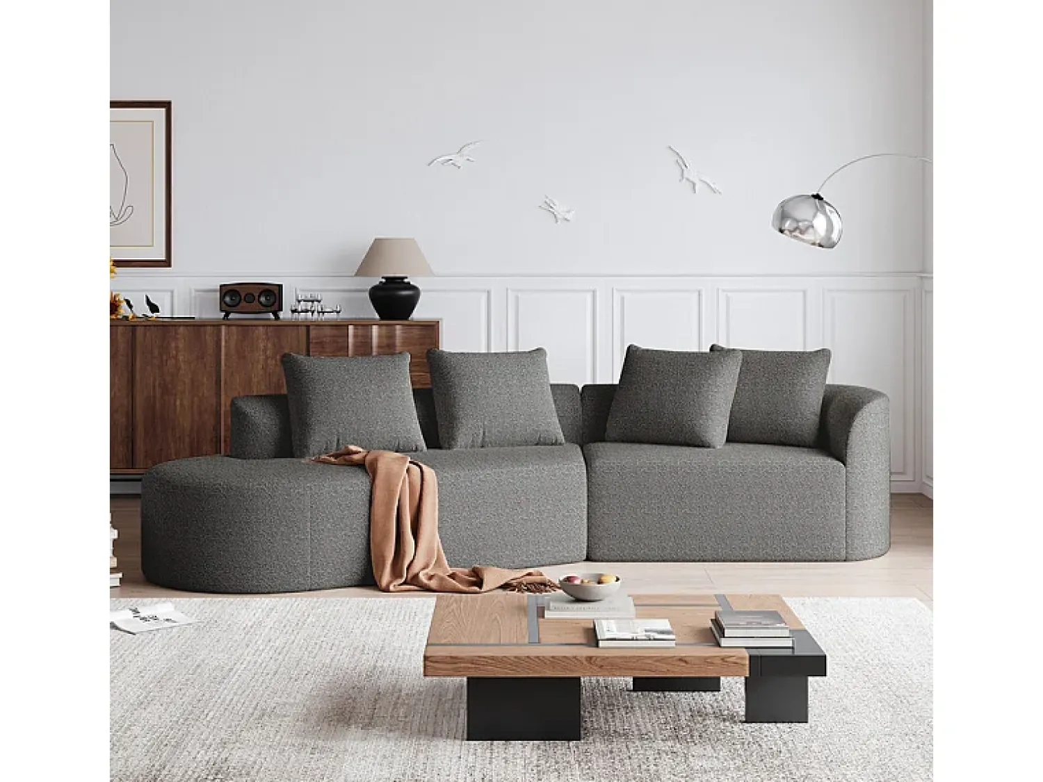 DripeX Sofá de Canto Esquerdo Moderno Superdimensionado 4 Lugares, com 4 Almofadas, Chaise Longue Curva, Tecido Chenille, Cinza Antracito^ Sofá
