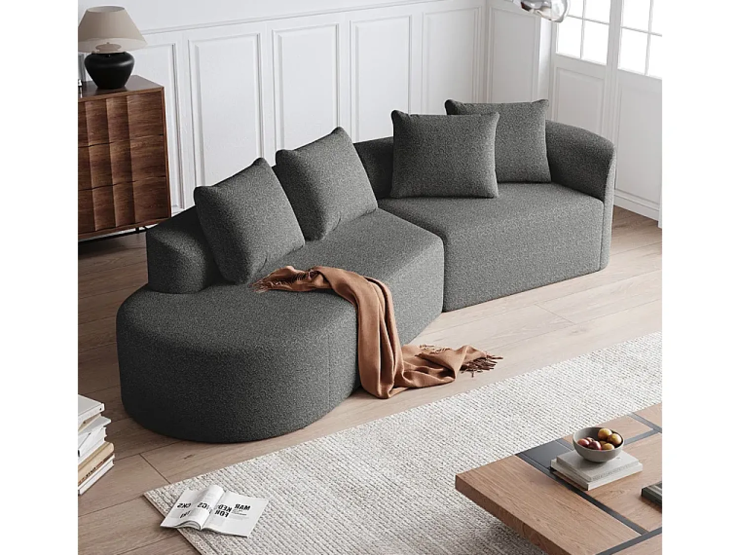 DripeX Sofá de Canto Esquerdo Moderno Superdimensionado 4 Lugares, com 4 Almofadas, Chaise Longue Curva, Tecido Chenille, Cinza Antracito^ Sofá