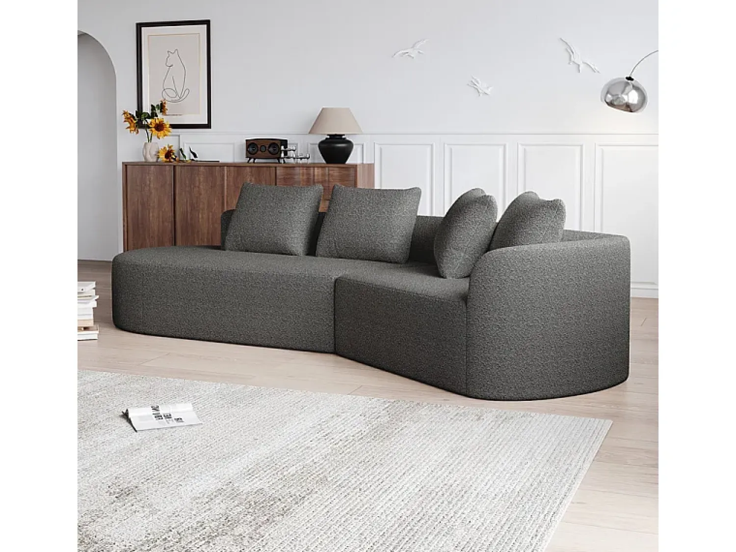 DripeX Sofá de Canto Esquerdo Moderno Superdimensionado 4 Lugares, com 4 Almofadas, Chaise Longue Curva, Tecido Chenille, Cinza Antracito^ Sofá