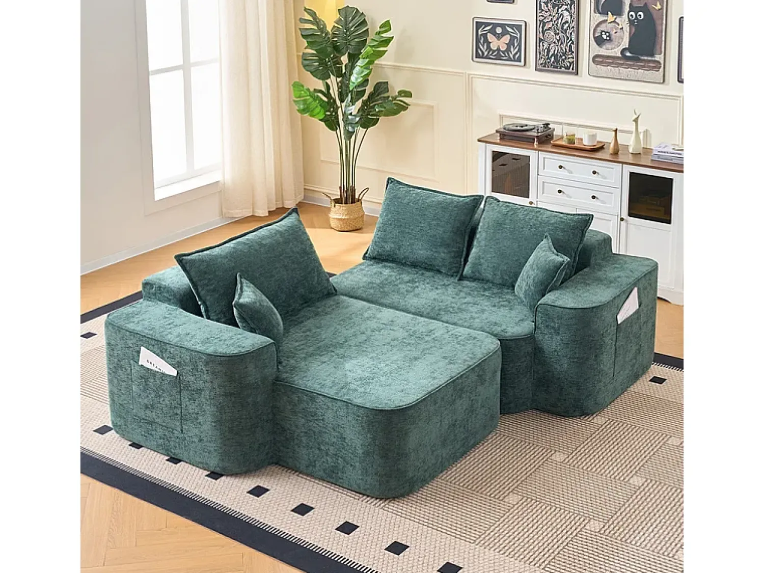 Sofá|DripeX Sofá de canto esquerdo modular - Chenille - 3 almofadas e 2 travesseiros - 262x144x65cm Verde